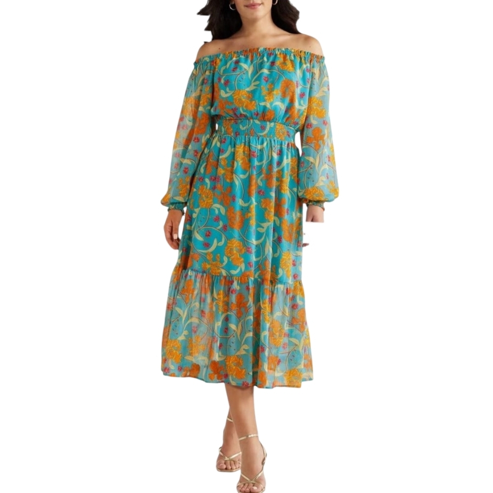 Sofia Jeans Womens Off The‎ Shoulder Floral Smocked Sheer Tiered Boho Dress XL